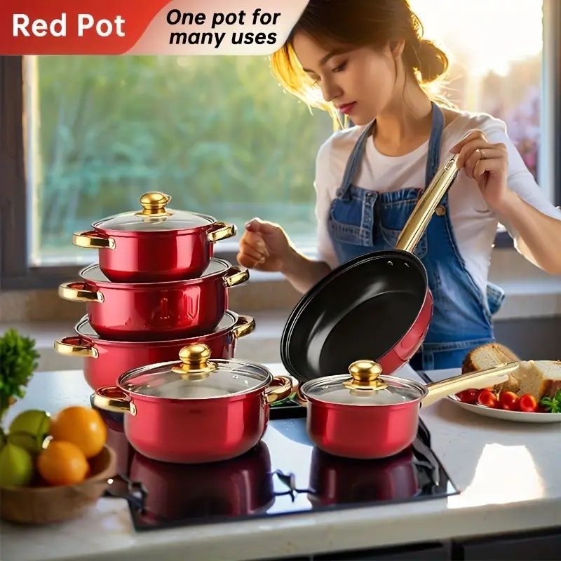 12 Piece Stainless Steel Cookware Set, Multiple Color Non Stick Cookware Set, Frying Pan, Flat Bottomed Pan, Stew Pot, Equipped With Lid, Multifunctional, Stylish And Durable_maomaolike.com