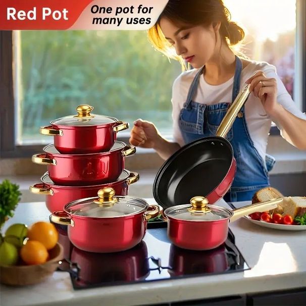 12 Piece Stainless Steel Cookware Set, Multiple Color Non Stick Cookware Set, Frying Pan, Flat Bottomed Pan, Stew Pot, Equipped With Lid, Multifunctional, Stylish And Durable_maomaolike.com