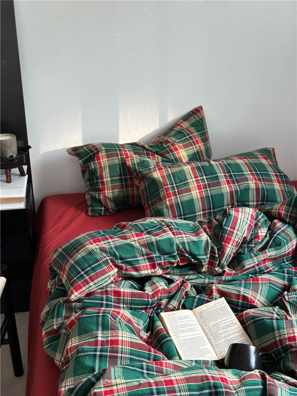 Wholesale INS American Retro Green Plaid Nordic Simple Mixed Pure Washed Four-Piece All Cotton 4-Piece Set_maomaolike.com