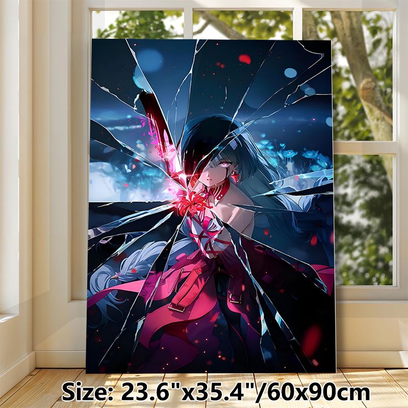 Anime Warrior Girl Painting Poster, Vibrant Shattered Glass Effect Anime Style Poster, Striking Dark-haired Warrior With Glowing Pink Blade_maomaolike.com