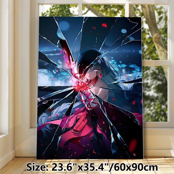 Anime Warrior Girl Painting Poster, Vibrant Shattered Glass Effect Anime Style Poster, Striking Dark-haired Warrior With Glowing Pink Blade_maomaolike.com