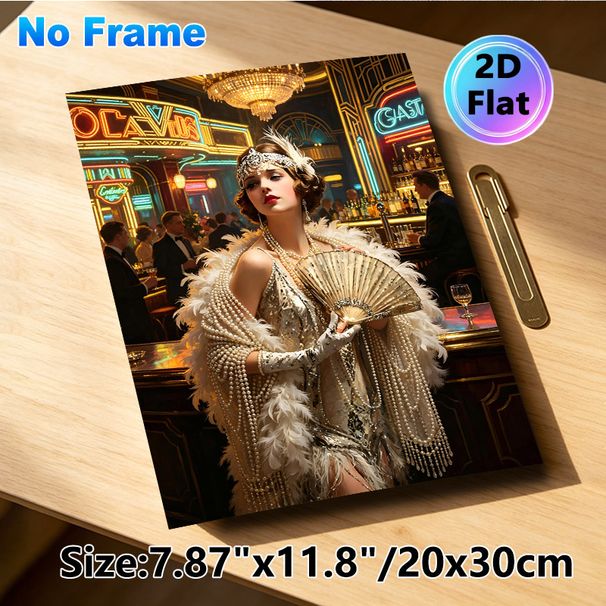 Roaring 20s Flapper Girl Painting Poster, Lavish Art Deco Style Poster, Glamorous Flapper With Pearls & Feather Shawl In Bustling Neon Bar, Elegant_maomaolike.com