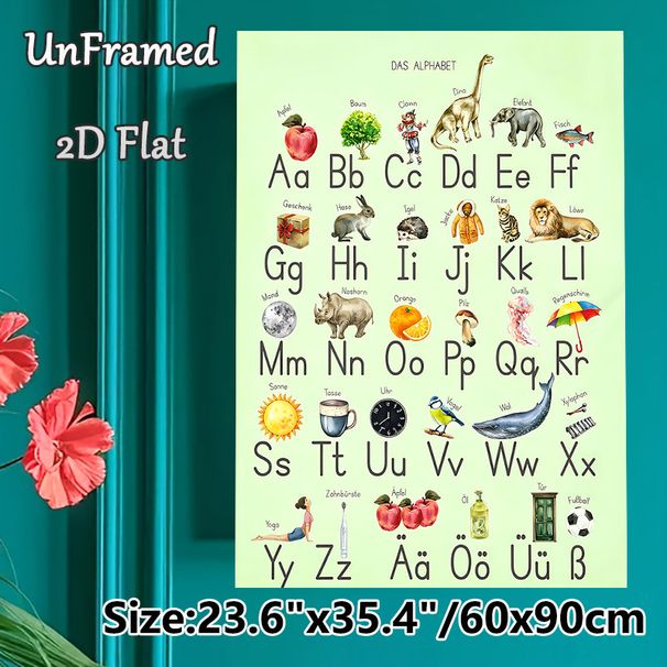 German Alphabet Painting Poster, Watercolor-style Illustrated German Alphabet Poster, Educational Visual Guide With Matching Themed Objects For Study_maomaolike.com