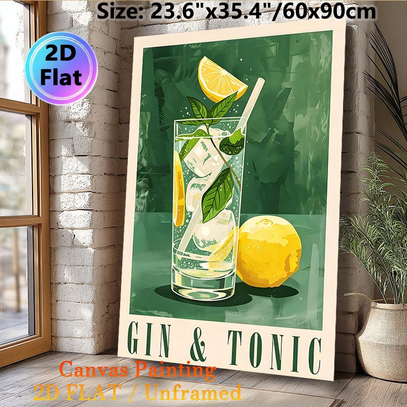 Gin & Tonic Themed Painting Poster, Vibrant Stylized Cocktail Illustration Poster, Refreshing Lemon-mint Drink Design, Ideal For Bar, Kitchen Or_maomaolike.com