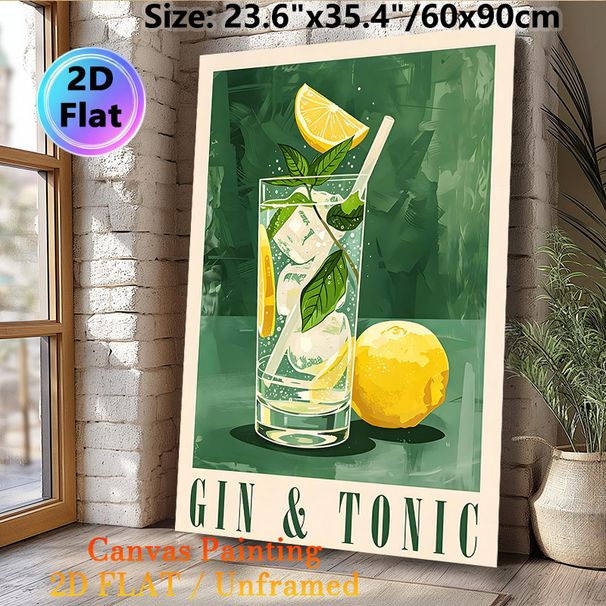 Gin & Tonic Themed Painting Poster, Vibrant Stylized Cocktail Illustration Poster, Refreshing Lemon-mint Drink Design, Ideal For Bar, Kitchen Or_maomaolike.com