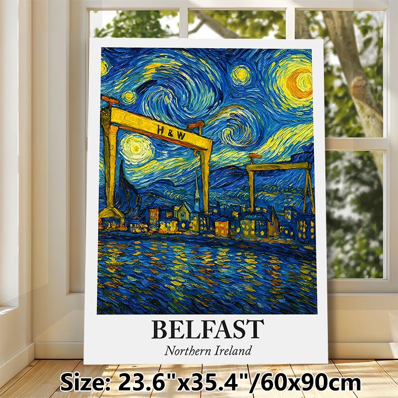 Belfast Northern Ireland Cityscape Painting Poster, Swirling Van Gogh-style Night Sky With Industrial Cranes & Waterfront Poster, Artistic City-themed_maomaolike.com