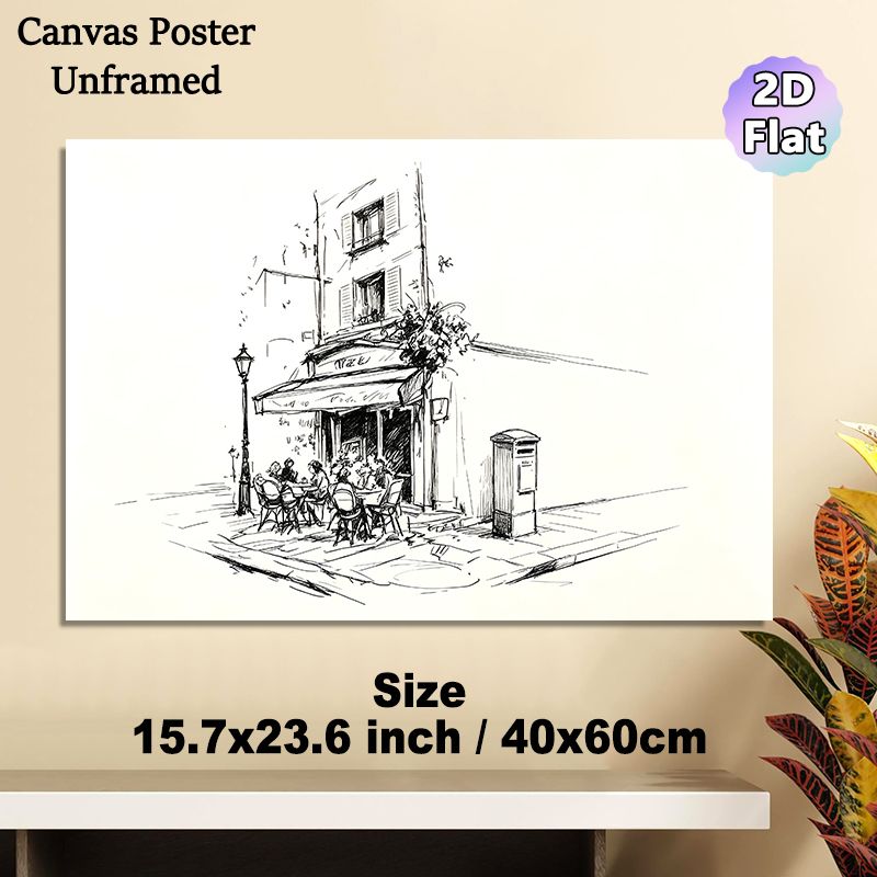 European Street Cafe Painting Poster, Monochrome Sketch-style Poster, Artistic Depiction Of Outdoor Cafe Patrons On Street Corner, Charming Urban_maomaolike.com
