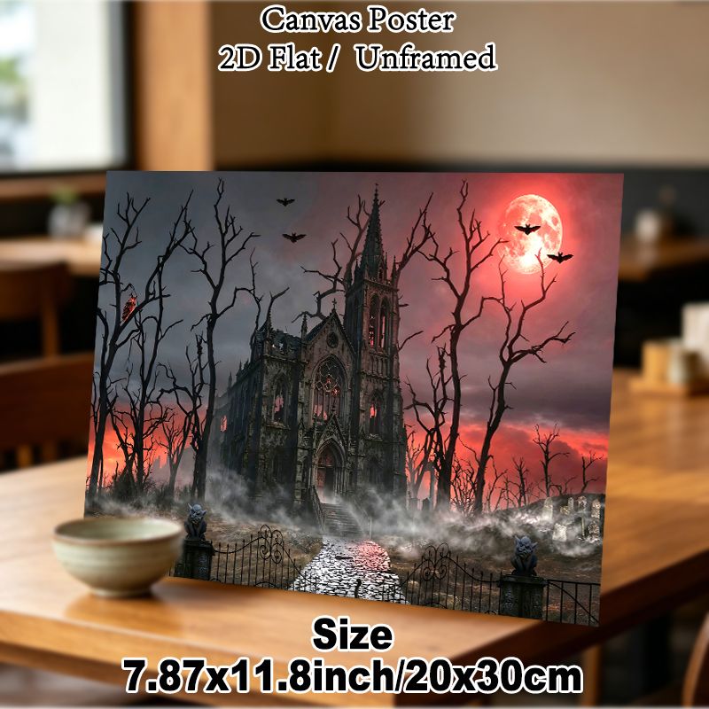Haunted Gothic Church Painting Poster, Mysterious Dark Spooky Scene Poster, Eerie Atmospheric Design Ideal For Home And Halloween Party Decor_maomaolike.com