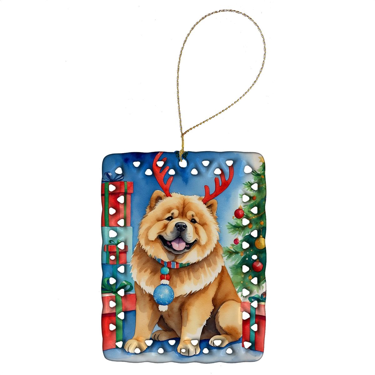 Chow Chow Christmas Reindeer Porcelain Ornament Christmas Tree Hanging Decorations For Home Christmas Holiday, Rectangle, Gift, Multicolor_maomaolike.com