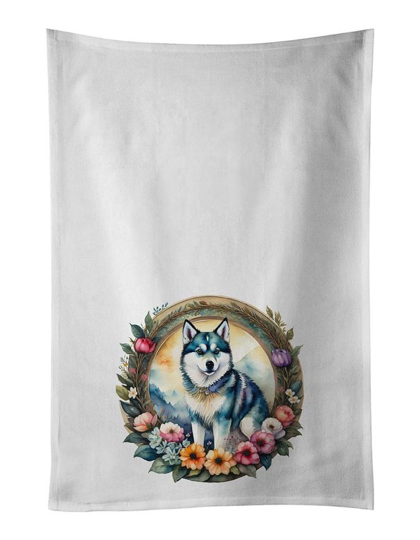 Alaskan Klee Kai And Flowers Kitchen Towel Set Of 2 White Dish Towels Decorative Bathroom Hand Towel For Hand, Face, Hair, Yoga, Tea, Dishcloth, 19 X 28", White_maomaolike.com