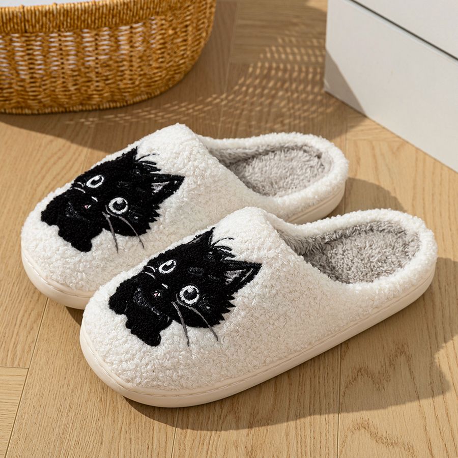 Winter Women's Slippers Indoor Cartoon Black Cat Cute Girls Slipper Bedroom Anti-slip Soft Sole Comfortable Cotton_maomaolike.com