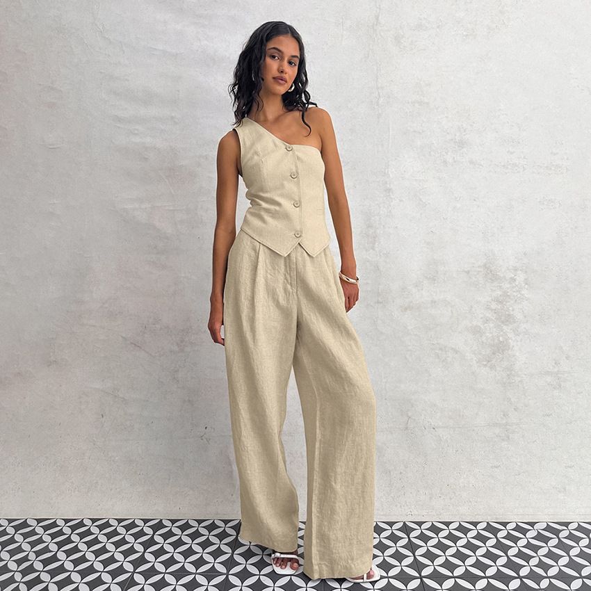 Women's Commuter Fashion Khaki Off-shoulder Cotton and Linen Vest Trousers Two-piece Set _maomaolike.com