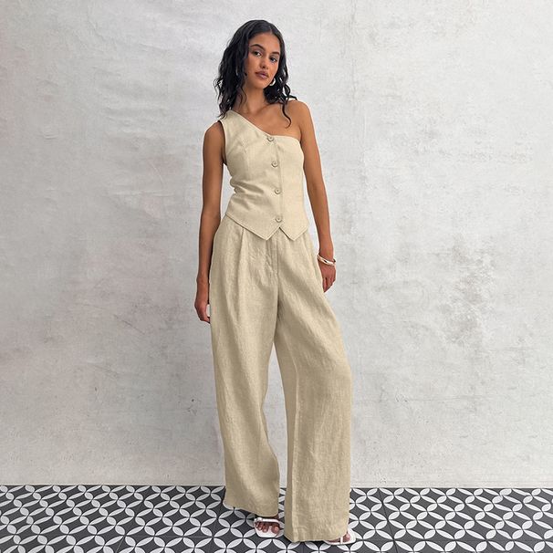 Women's Commuter Fashion Khaki Off-shoulder Cotton and Linen Vest Trousers Two-piece Set _maomaolike.com