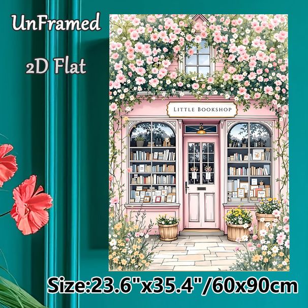 Floral Bookshop Painting Poster, Delicate Watercolor Pastel Pink Bookstore With Lush Blooming Flowers Poster, Warm Cozy Decor Ideal For Living Room_maomaolike.com