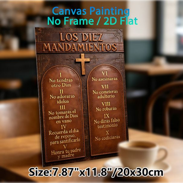 Spanish Ten Commandments Painting Poster, Vintage Leather-textured Poster With Engraved Golden Lettering & Cross, Faith-focused Wall Decor Suitable_maomaolike.com