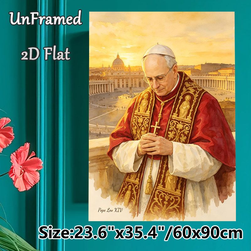 Pope Leo XIV Religious Figure Painting Poster, Warm-toned Watercolor Style Poster, Reverent Depiction Of The Pope In Ceremonial Robes With Vatican_maomaolike.com