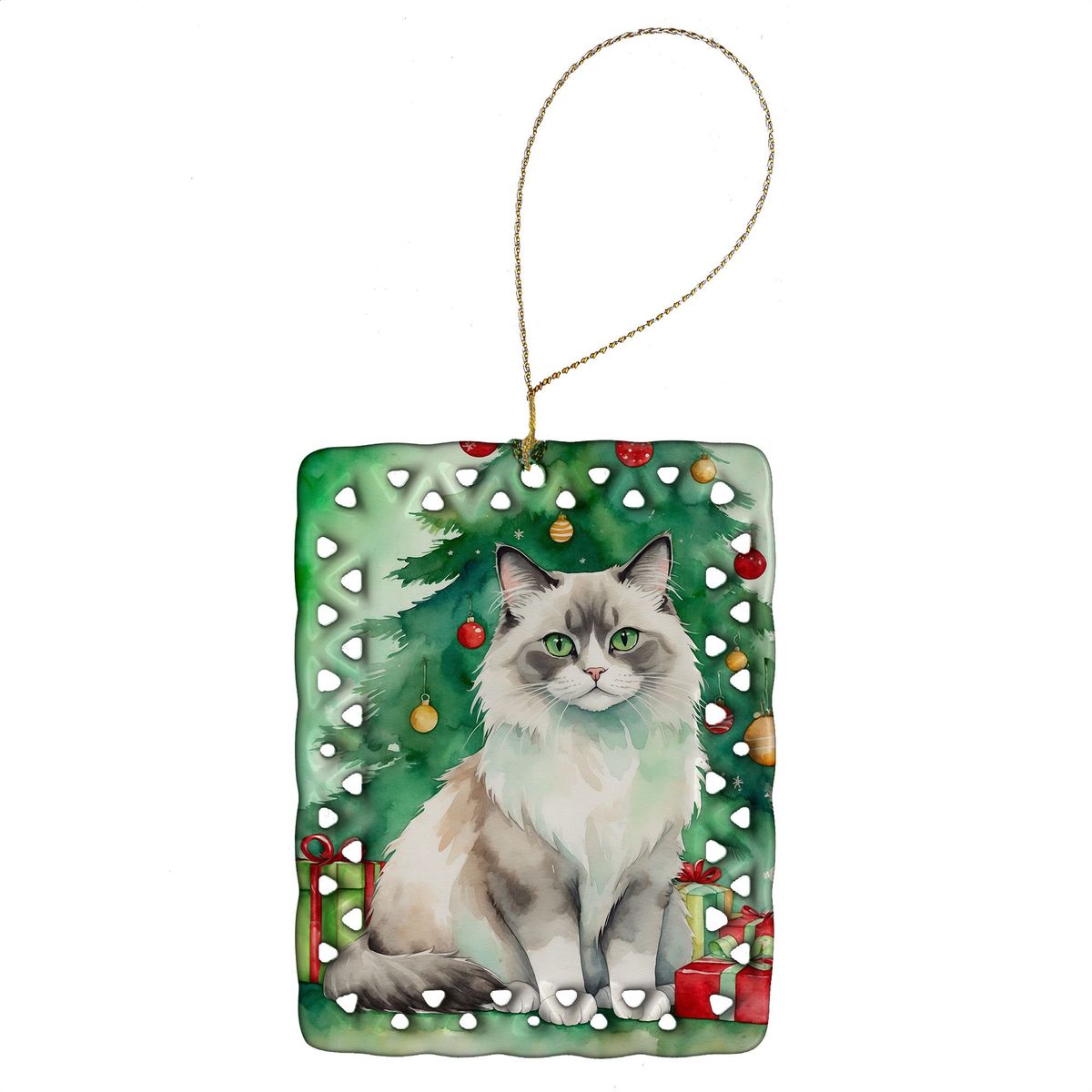 Ragdoll Cat By The Christmas Tree Porcelain Ornament Christmas Tree Hanging Decorations For Home Christmas Holiday, Rectangle, Gift, Multicolor_maomaolike.com