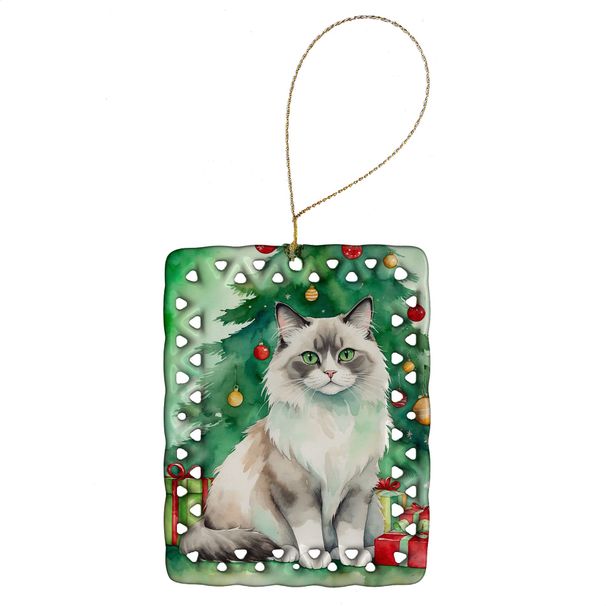 Ragdoll Cat By The Christmas Tree Porcelain Ornament Christmas Tree Hanging Decorations For Home Christmas Holiday, Rectangle, Gift, Multicolor_maomaolike.com