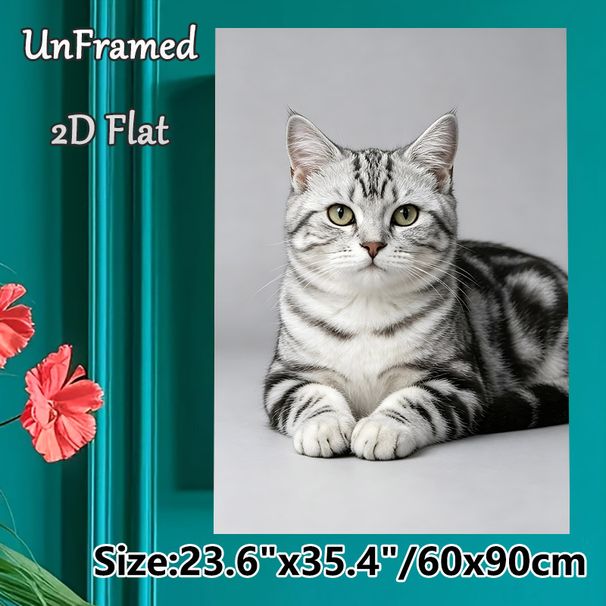 American Shorthair Cat Painting Poster, Realistic Photographic Style Poster, Lifelike Black-silver Tabby Cat With Gentle Gaze, Elegant Wall Decor For_maomaolike.com