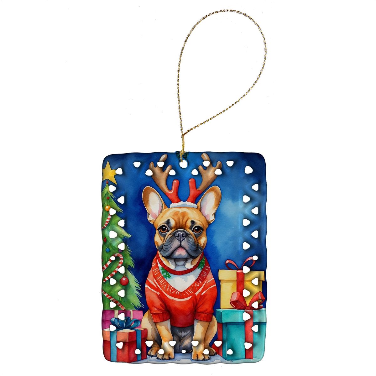 French Bulldog Christmas Reindeer Porcelain Ornament Christmas Tree Hanging Decorations For Home Christmas Holiday, Rectangle, Gift, Multicolor_maomaolike.com