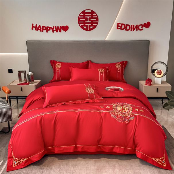 High-End Embroidery Nude Sleep Washed Brushed Red New Wedding Dowry Four-Piece Set Direct Sale_maomaolike.com