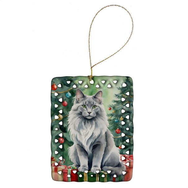 Nebelung Cat By The Christmas Tree Porcelain Ornament Christmas Tree Hanging Decorations For Home Christmas Holiday, Rectangle, Gift, Multicolor_maomaolike.com
