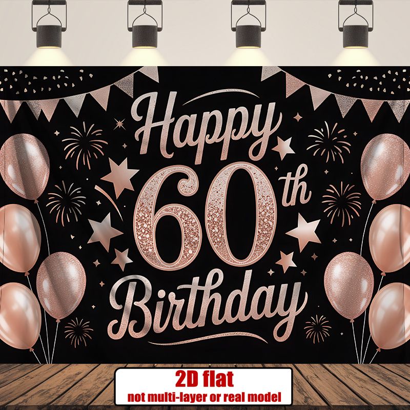 Rose Golden 60th Birthday Party Banner - 2D Flat Polyester Backdrop, Wall Hanging Photo Props, Party Decor_maomaolike.com