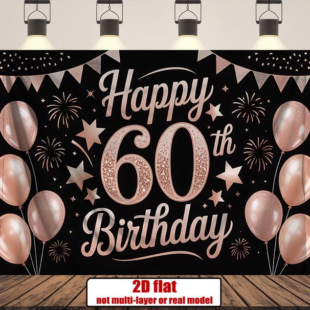 Rose Golden 60th Birthday Party Banner - 2D Flat Polyester Backdrop, Wall Hanging Photo Props, Party Decor_maomaolike.com
