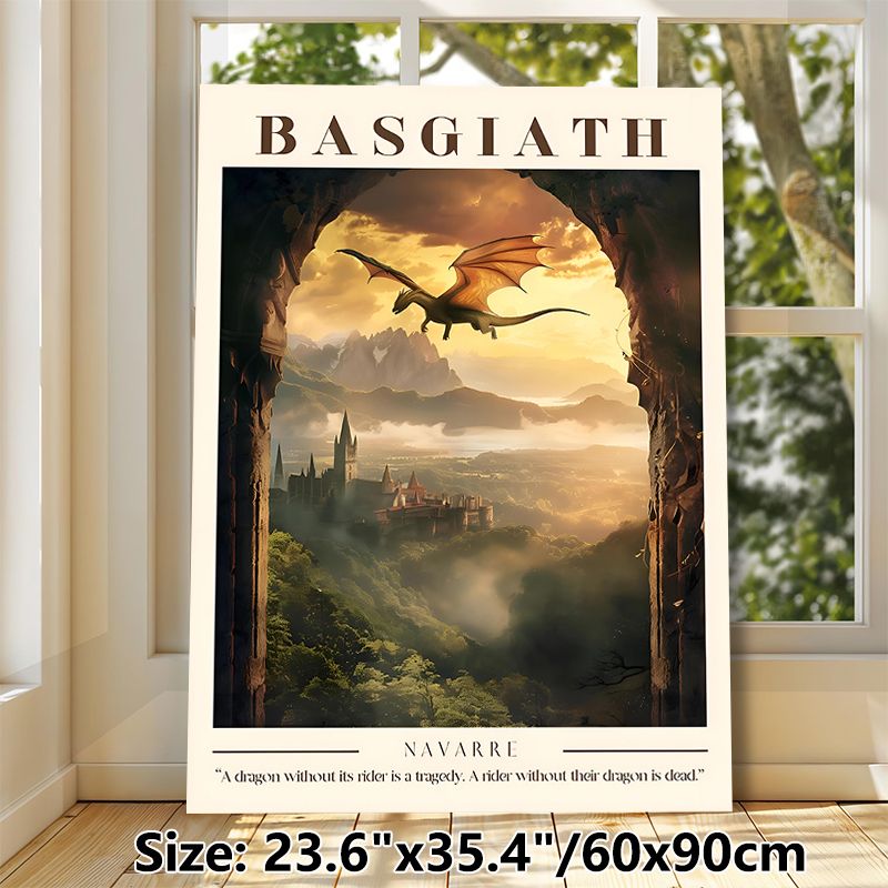 Basgiath Dragon & Castle Painting Poster, Atmospheric Fantasy Style Poster, Captivating Scene Of Dragon Flying Over Misty Mountain Castle At Golden_maomaolike.com