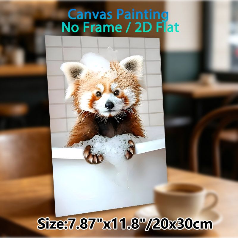 Red Panda Bathing Painting Poster, Cute Realistic Fluffy Red Panda With Bath Bubbles In Bathtub Poster, Brings Playful Warm Ambiance, Ideal For_maomaolike.com