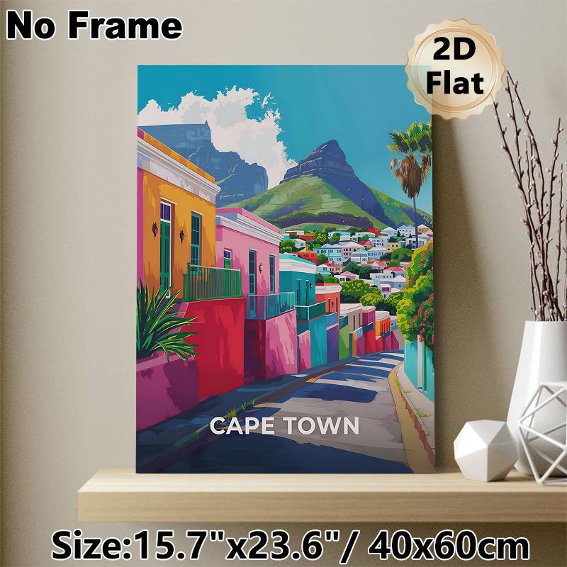 Cape Town Hillside Town Painting Poster, Vibrant Colorful Stylized Townscape Poster, Eye-catching Scenic Artwork Ideal For Living Room, Bedroom And_maomaolike.com