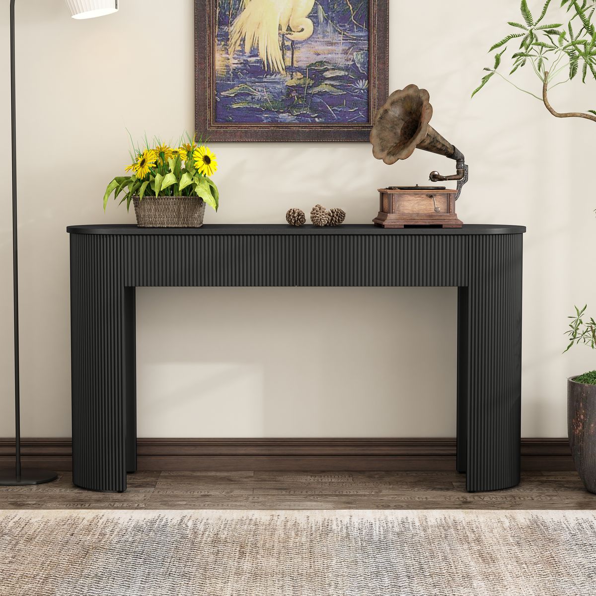 TREXM Entryway Table With Fluted Design Modern Console Table With Storage Oval Top And 2 Drawers For Entryway And Living Room Black_maomaolike.com