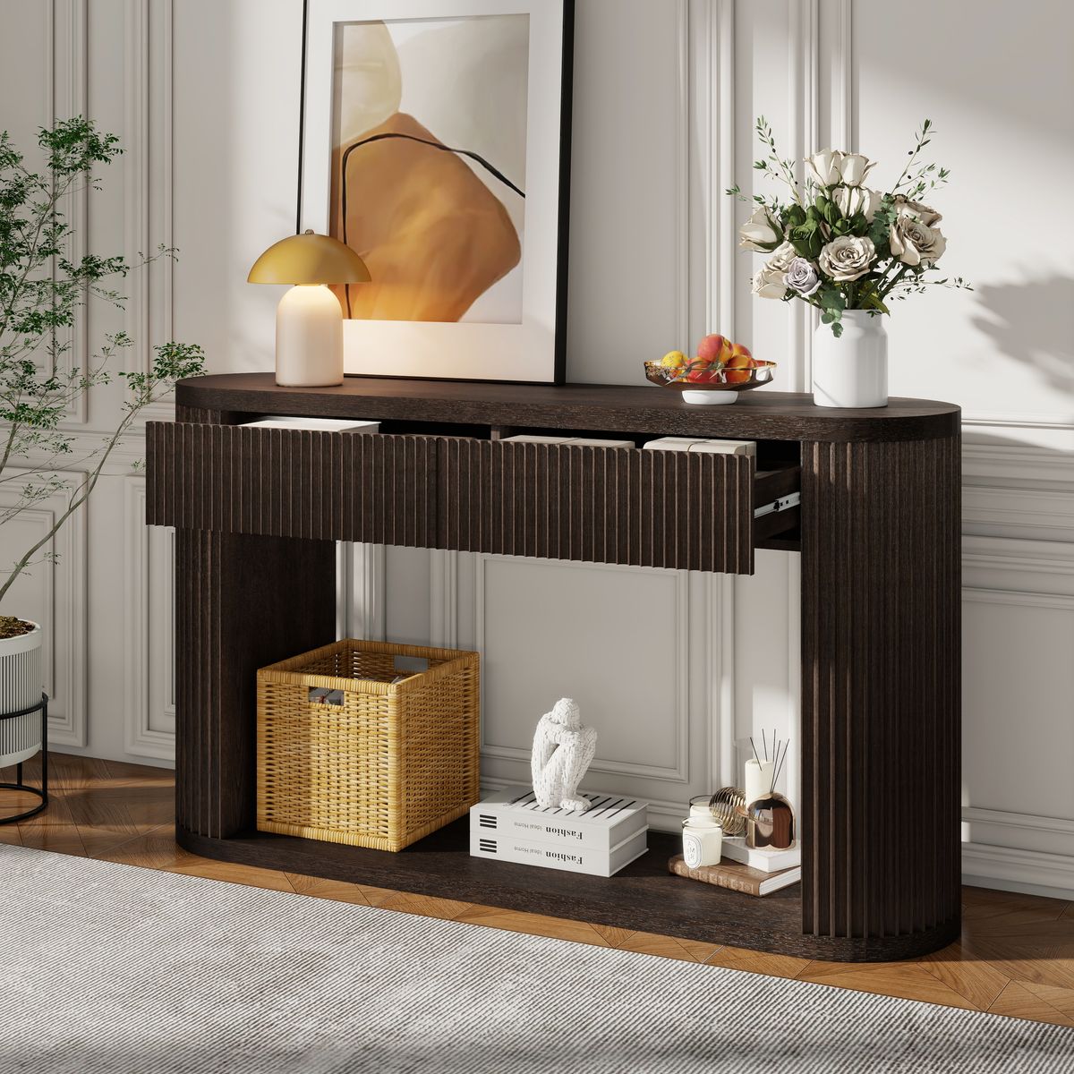 TREXM Oval Fluted Console Table With 2 Drawers And Bottom Shelf, Wood Entryway Table With Smooth Metal Slides For Living Room, Entryway Espresso_maomaolike.com