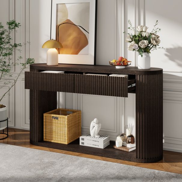 TREXM Oval Fluted Console Table With 2 Drawers And Bottom Shelf, Wood Entryway Table With Smooth Metal Slides For Living Room, Entryway Espresso_maomaolike.com