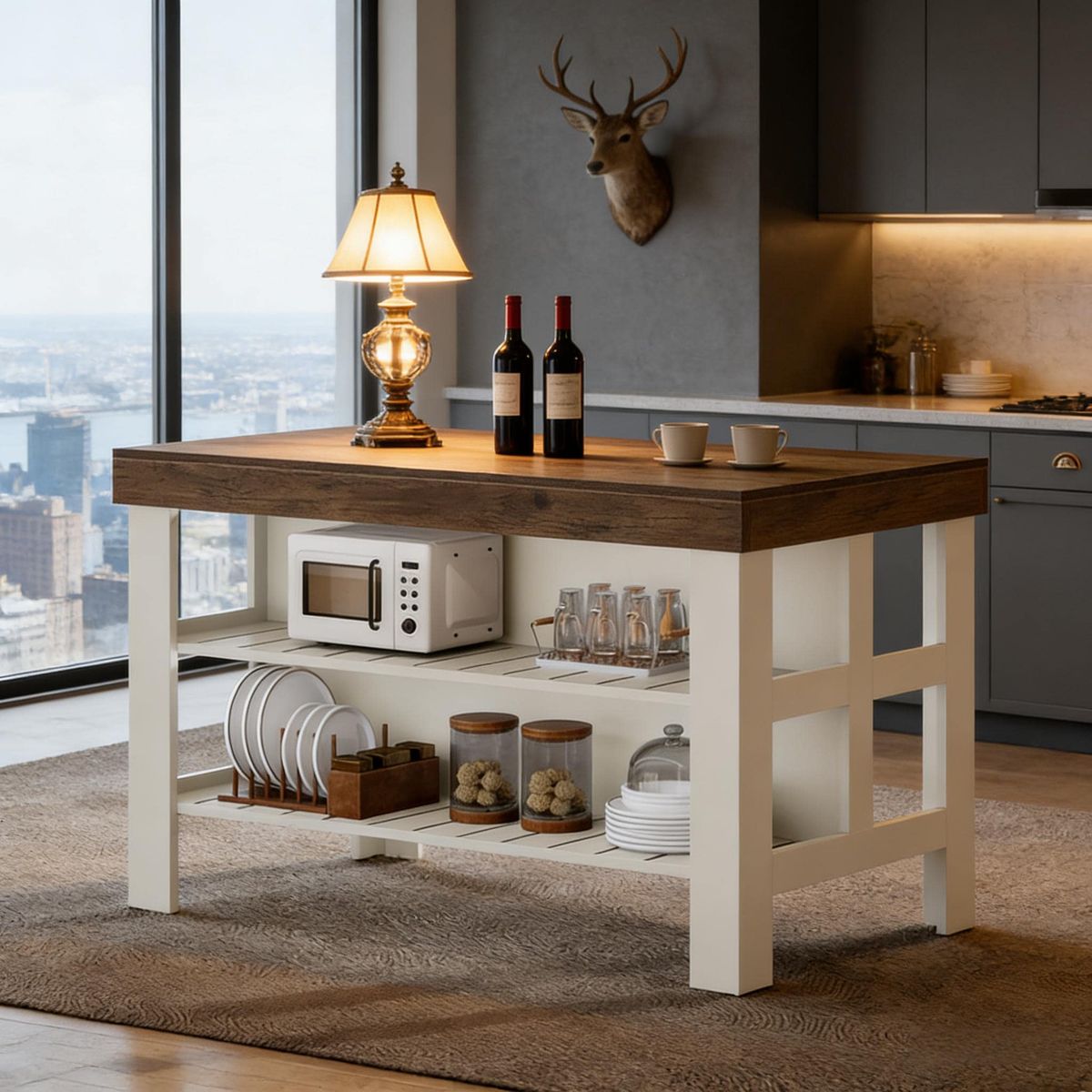 Kitchen Island, Breakfast Counter With Seating And Storage Shelves_maomaolike.com