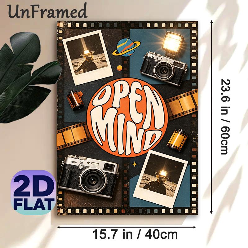 Vintage Camera & Space "Open Mind" Painting Poster, Retro Nostalgic Collage Poster, Featuring Classic Cameras, Film Rolls And Space-themed Photos_maomaolike.com