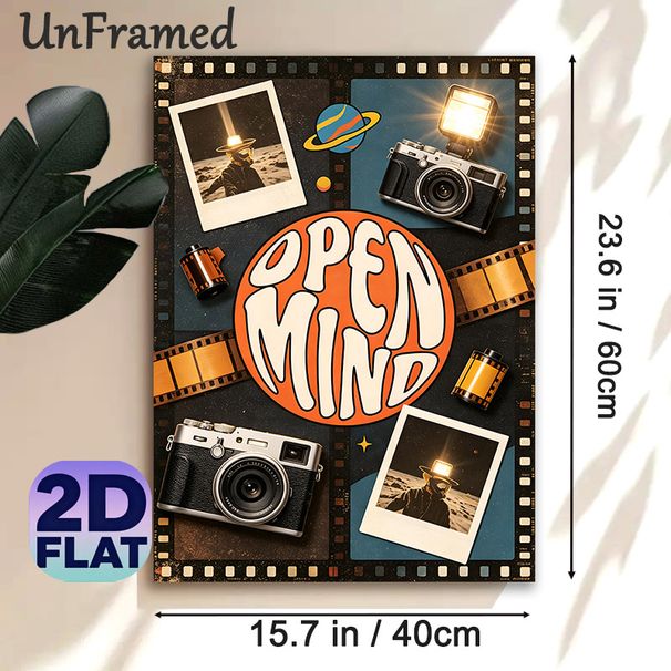 Vintage Camera & Space "Open Mind" Painting Poster, Retro Nostalgic Collage Poster, Featuring Classic Cameras, Film Rolls And Space-themed Photos_maomaolike.com