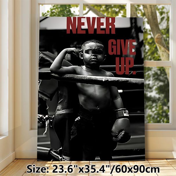 Motivational Boxing Themed Painting Poster, Monochrome Dramatic Boxer In Ring With Bold "Never Give Up" Text Poster, Inspirational Wall Decor Suitable_maomaolike.com