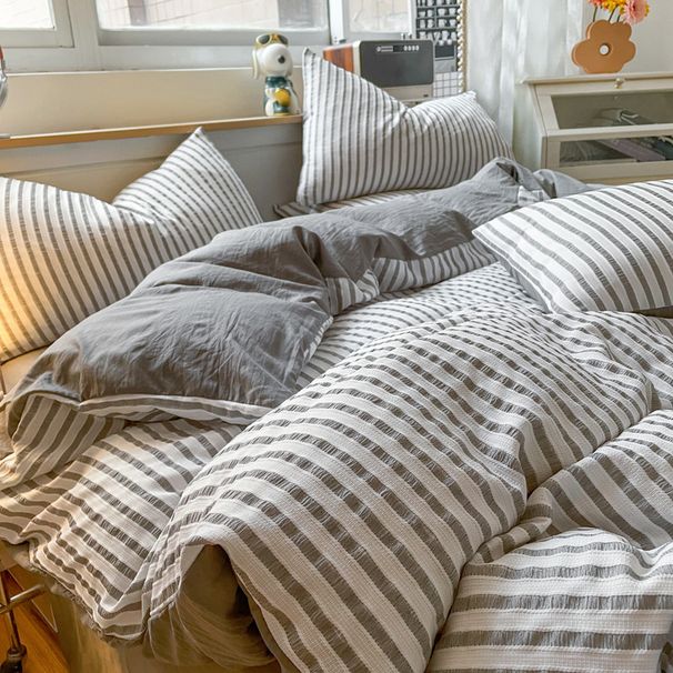 Yarn-Dyed Jacquard Princess Stripe Simple Four-Piece Set New Washed Cotton Bedding Student Dormitory Bed Sheet Style_maomaolike.com