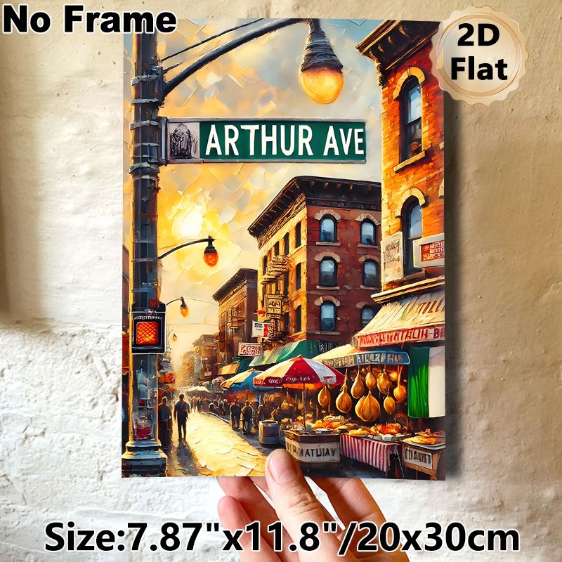 Arthur Ave City Street Painting Poster, Warm-toned Impressionist-style Urban Street Scene Poster, Vibrant Downtown Market View Ideal For Living Room_maomaolike.com