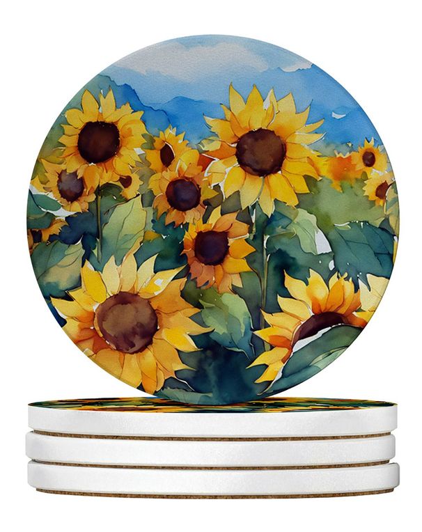 Sunflowers In Watercolor Large Sandstone Coasters Pack Of 4 Absorbent Round Coasters Decor Gifts For Men Or Women, 4 In, Multicolor_maomaolike.com