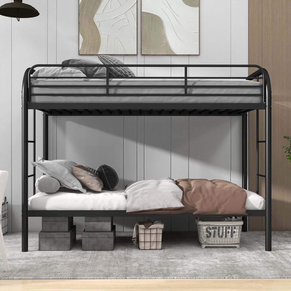 Twin Over Twin Bunk Bed With Ladders_maomaolike.com