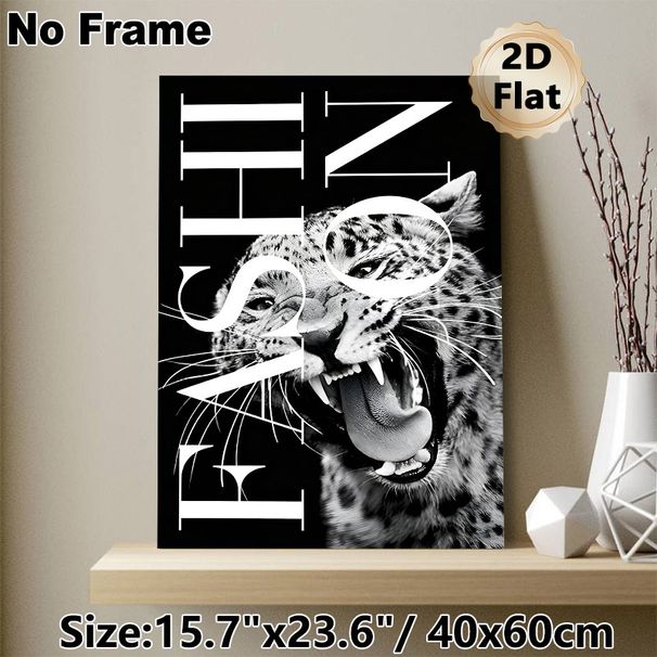 Leopard Themed Painting Poster, Monochrome Roaring Leopard With Artistic Typography Poster, Sleek Eye-catching Decor Ideal For Living Room, Office_maomaolike.com