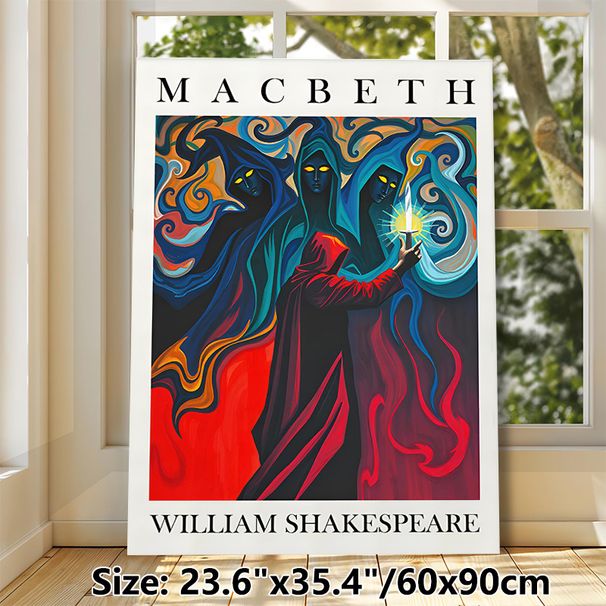 Macbeth Themed Painting Poster, Vibrant Surreal Style Poster, Captivating Literary Artwork Featuring Three Hooded Figures & Cloaked Figure With_maomaolike.com