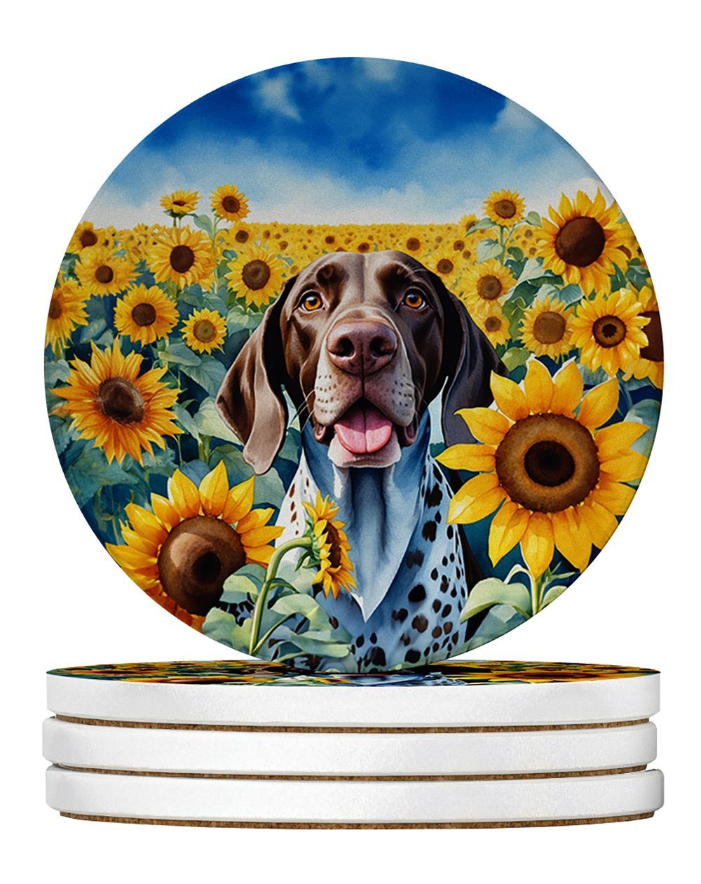 German Shorthaired Pointer In Sunflowers Large Sandstone Coasters Pack Of 4 Absorbent Round Coasters Decor Gifts For Men Or Women, 4 In, Multicolor_maomaolike.com