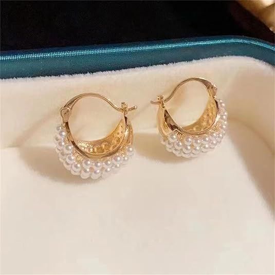 Chunky Basket Pearl Hoop Earrings For Women Gold Plated Vintage Statement Thick Round Circle Geometric Simulated Pearl Small Lightweight Hoop Earrings For Minimalist Wedding Trendy Jewelry Gifts_maomaolike.com