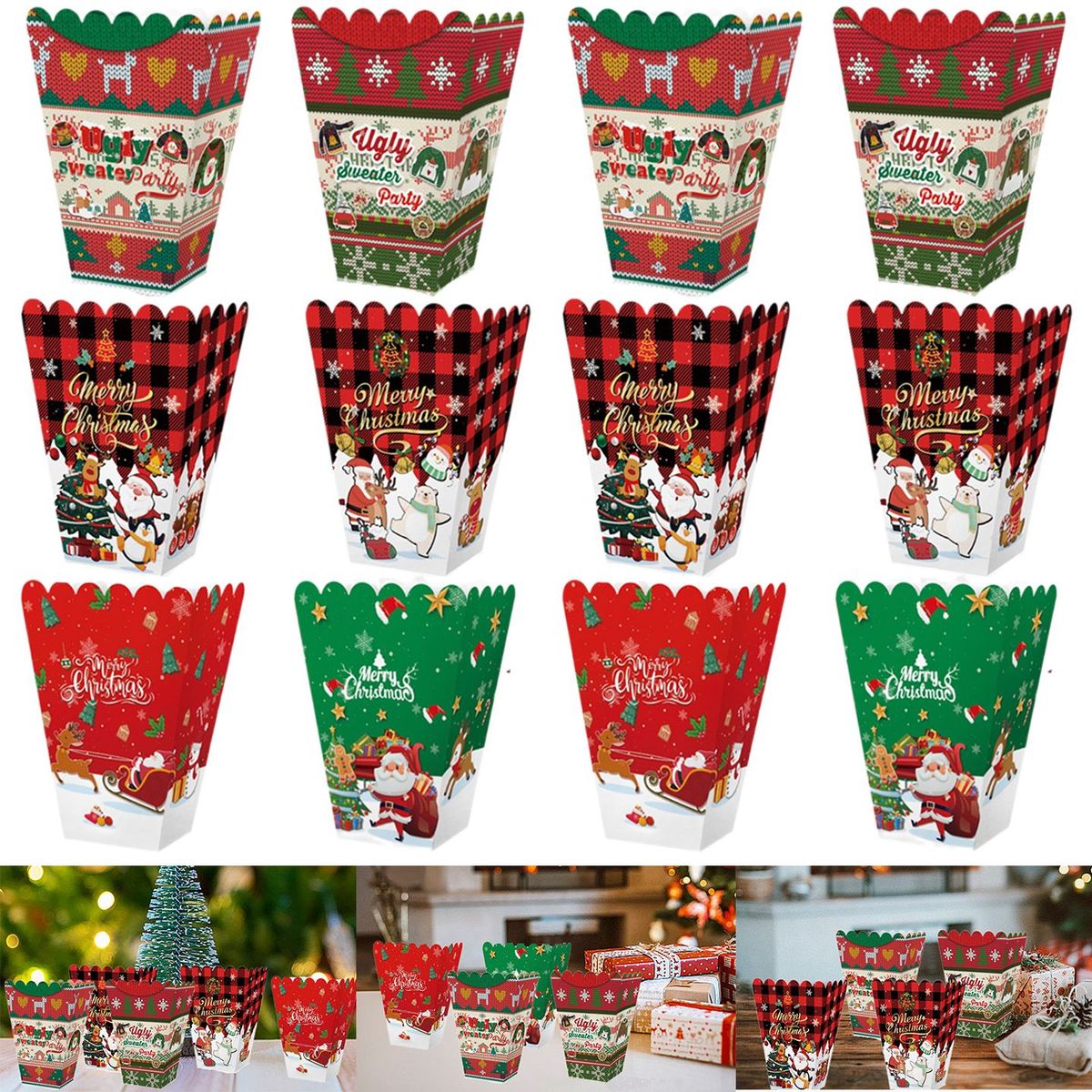 18Pcs Christmas Popcorn Box Santa Claus Snowman Snowflake Food Wrapping Boxes Adorable Candy Biscuit Cases For Christmas Home Party Supplies_maomaolike.com