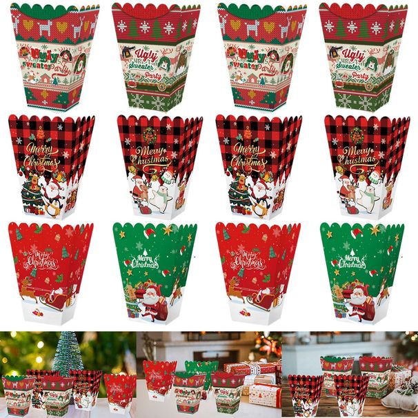 18Pcs Christmas Popcorn Box Santa Claus Snowman Snowflake Food Wrapping Boxes Adorable Candy Biscuit Cases For Christmas Home Party Supplies_maomaolike.com