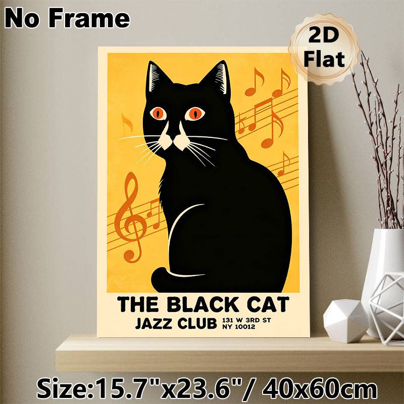 Black Cat Jazz Club Painting Poster, Warm-toned Retro Style Poster, Artistic Design With Black Cat & Musical Notes, Ideal For Home, Music Room And_maomaolike.com