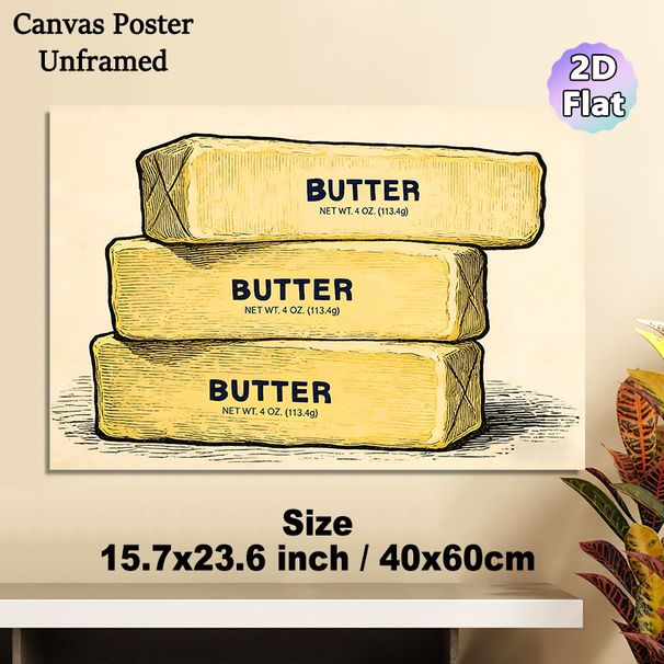 Butter Themed Painting Poster, Vintage Hand-drawn Stacked Butter Bars Poster, Warm-toned Retro Design, Ideal Decor For Kitchen And Dining Area_maomaolike.com